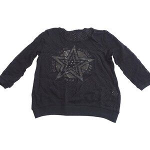 France Mode Black Mesh Studded Star Graphic Top Women Size S 3/4 Sleeve FLAW